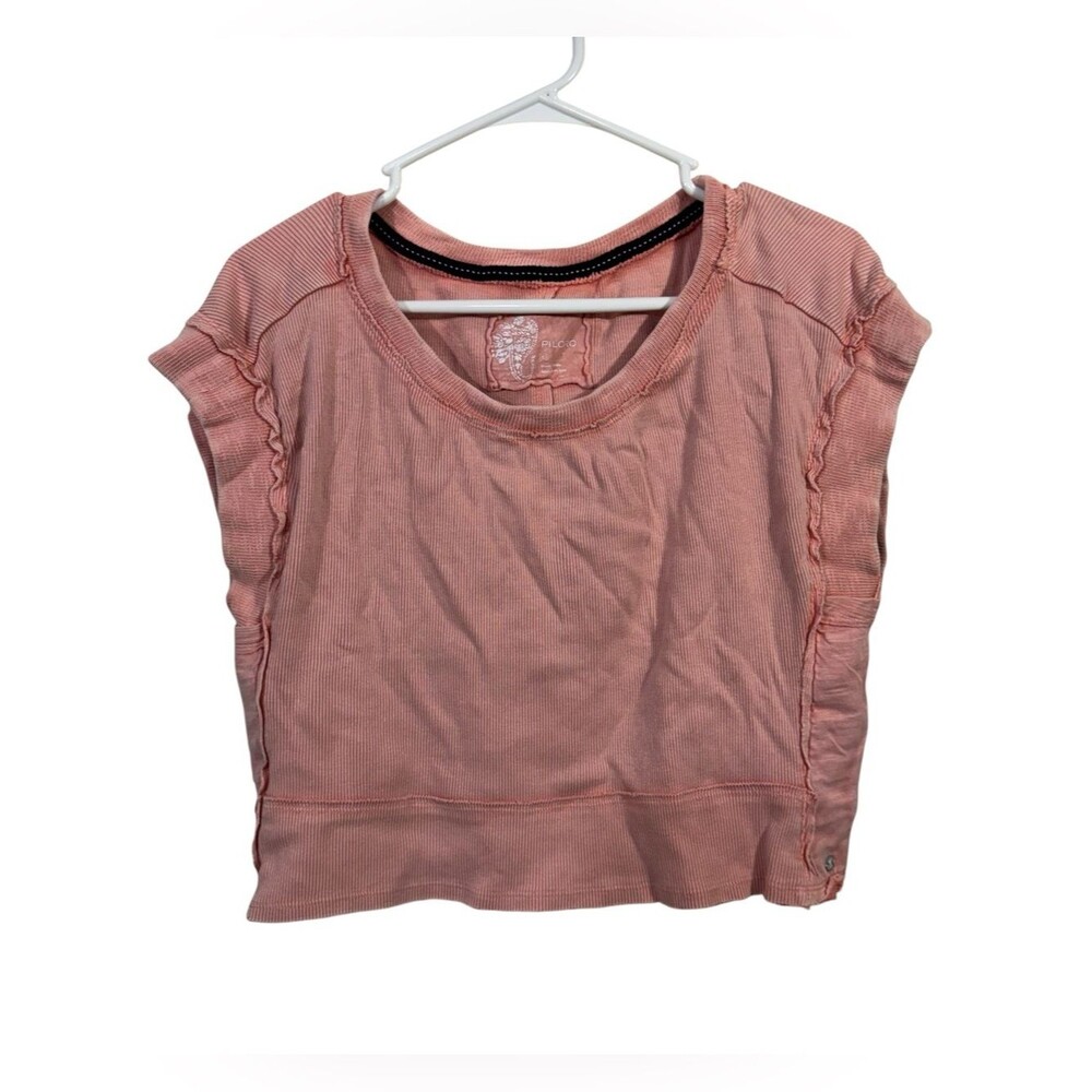 Anthropologie Pilcro Peach Short Sleeve Boxy Distressed Crop Top